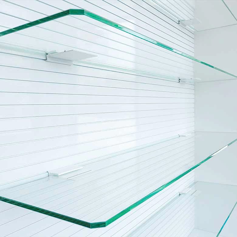 closeup of glass shelving