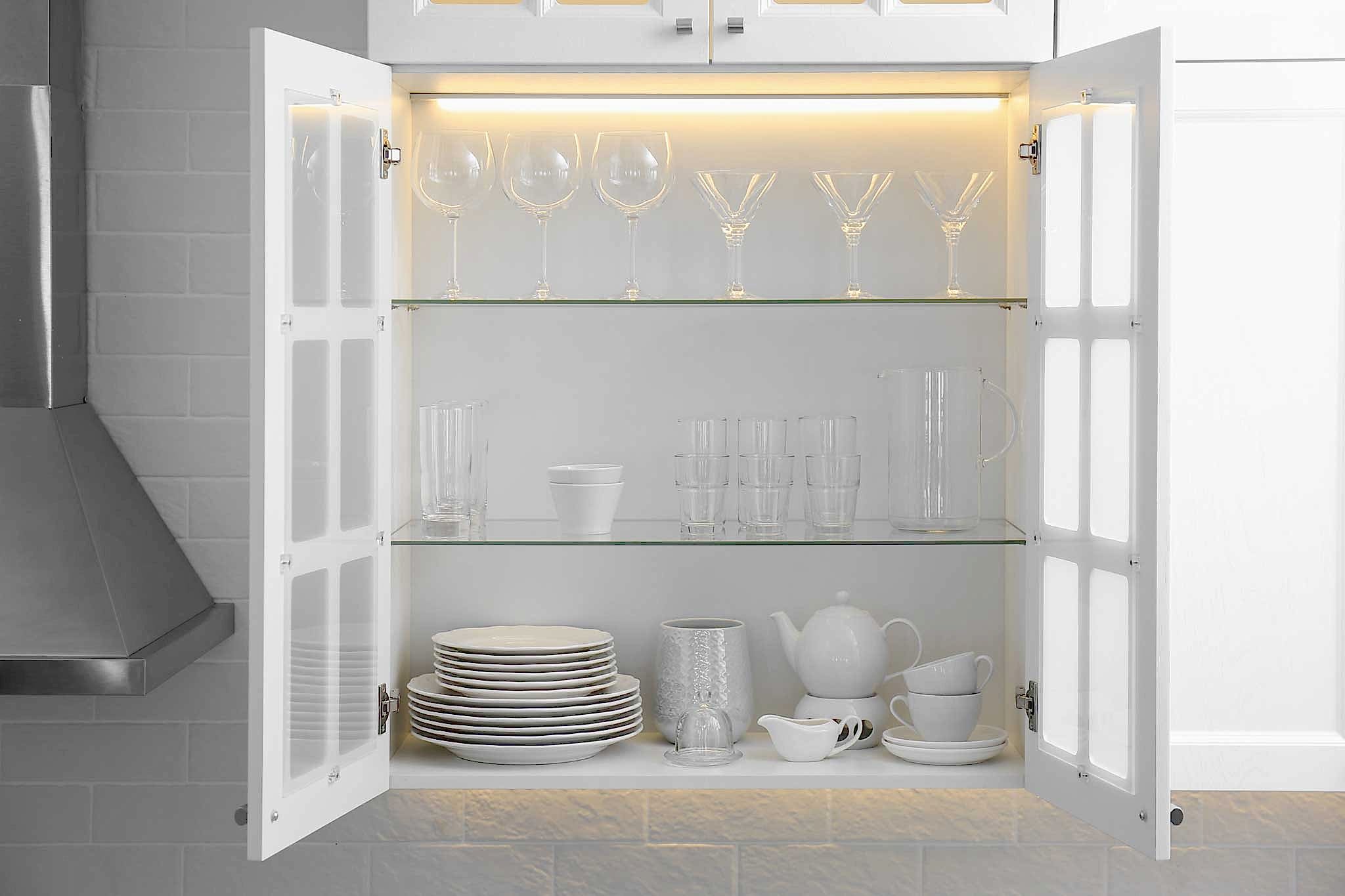 backlit glass shelves with